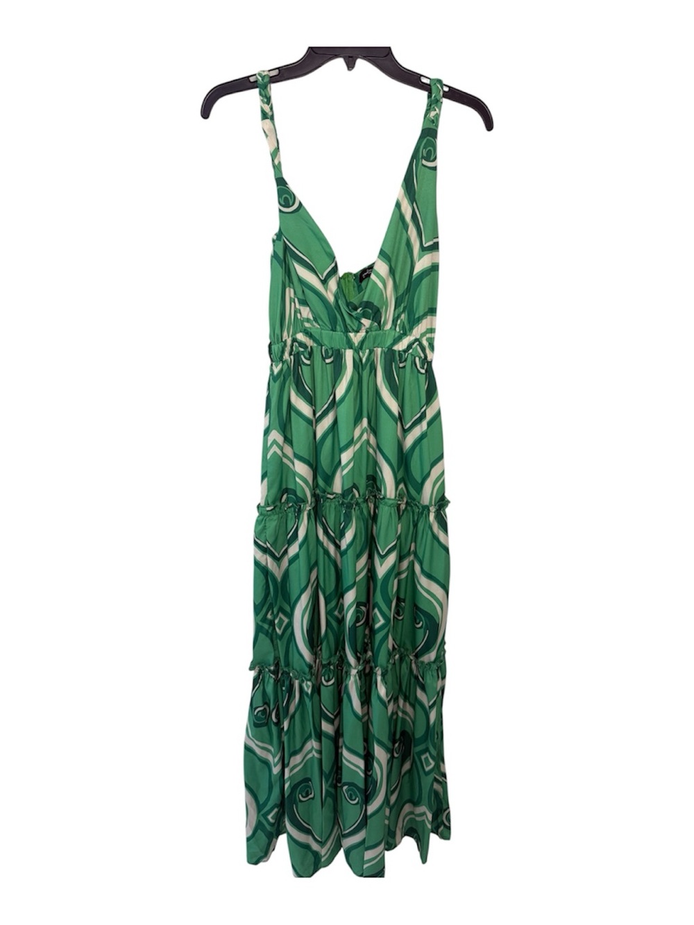 Green Abstract-Print Tiered Maxi Dress with V-Neck